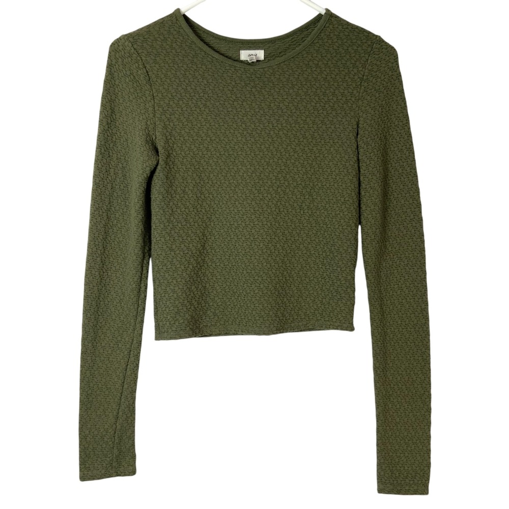 Aerie Olive Green Textured Crop Top XS Pullover Crew Neck Long Sleeve Puckered